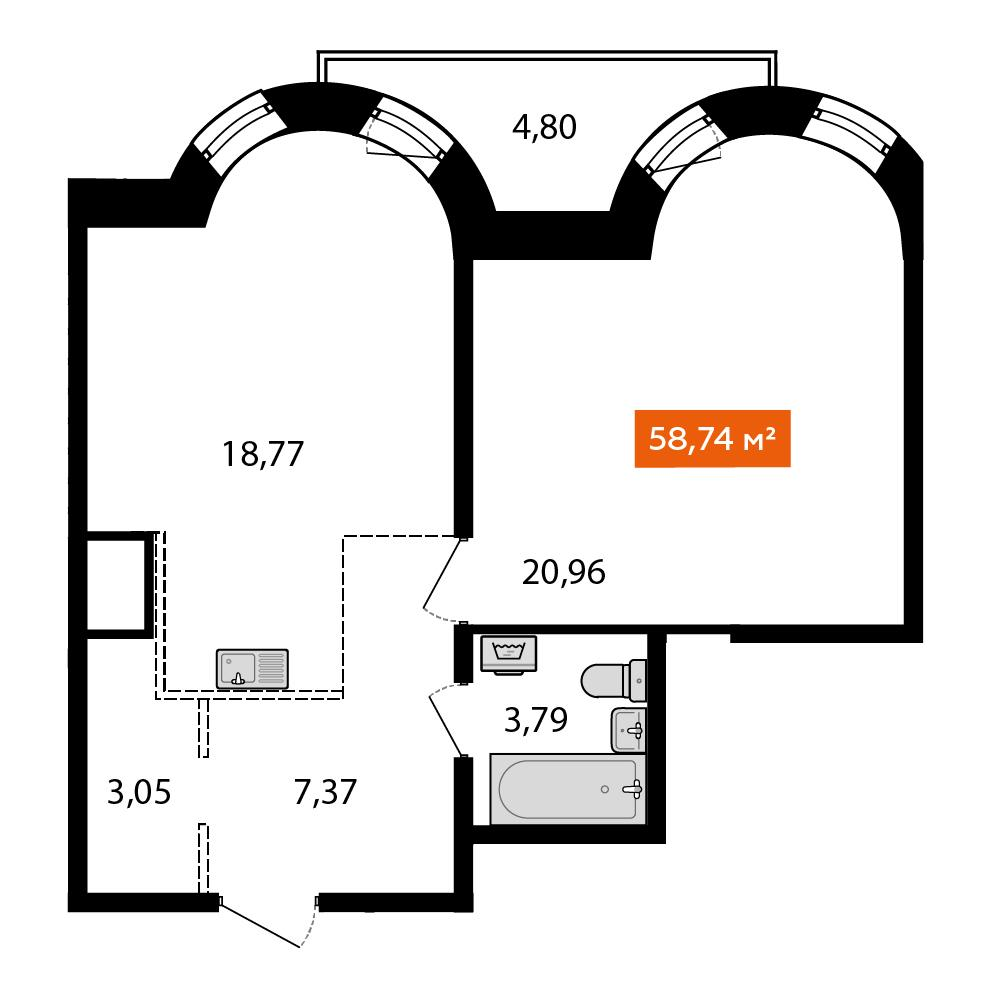 1-комнатная 55 м2 в ЖК Аккорд корпус null этаж 6