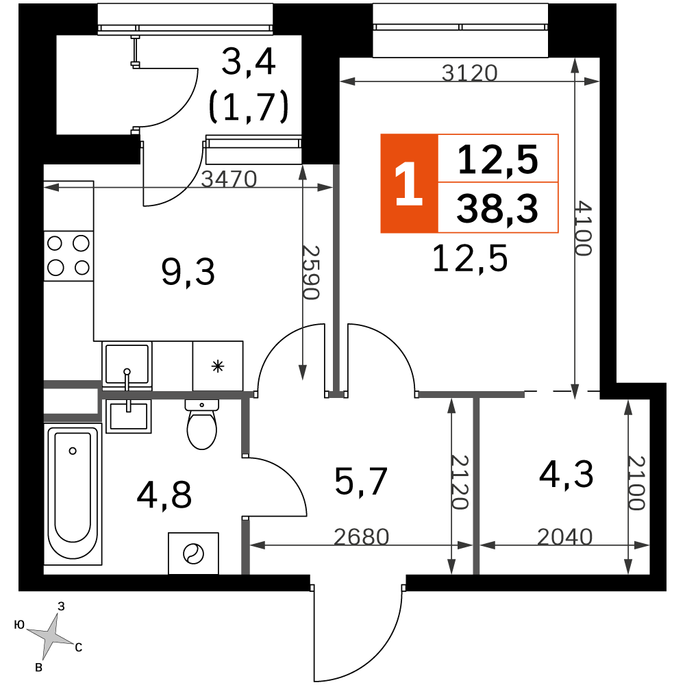 1-комнатная 38 м2 в ЖК Sky Garden корпус null этаж 34