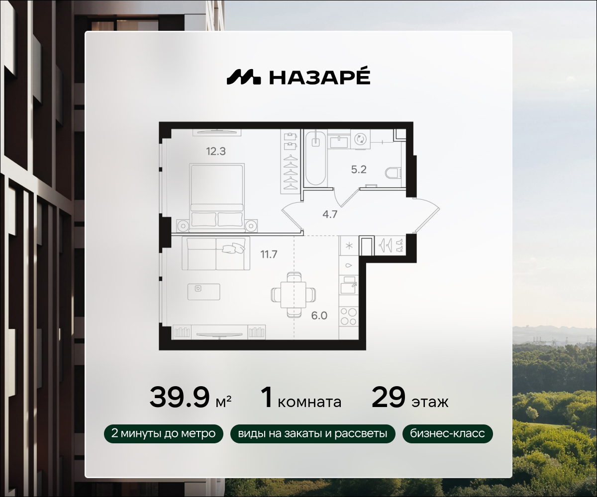 1-комнатная 39 м2 в ЖК НАЗАРÉ корпус null этаж 29