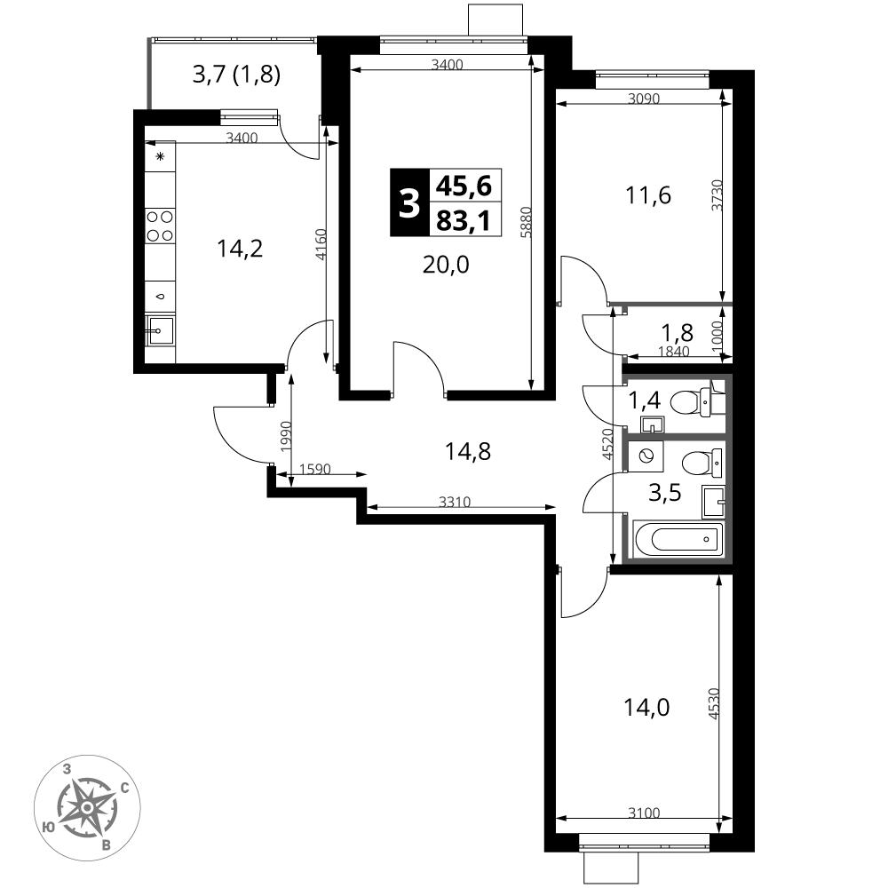 3-комнатная 83 м2 в ЖК 1-й Южный корпус null этаж 9