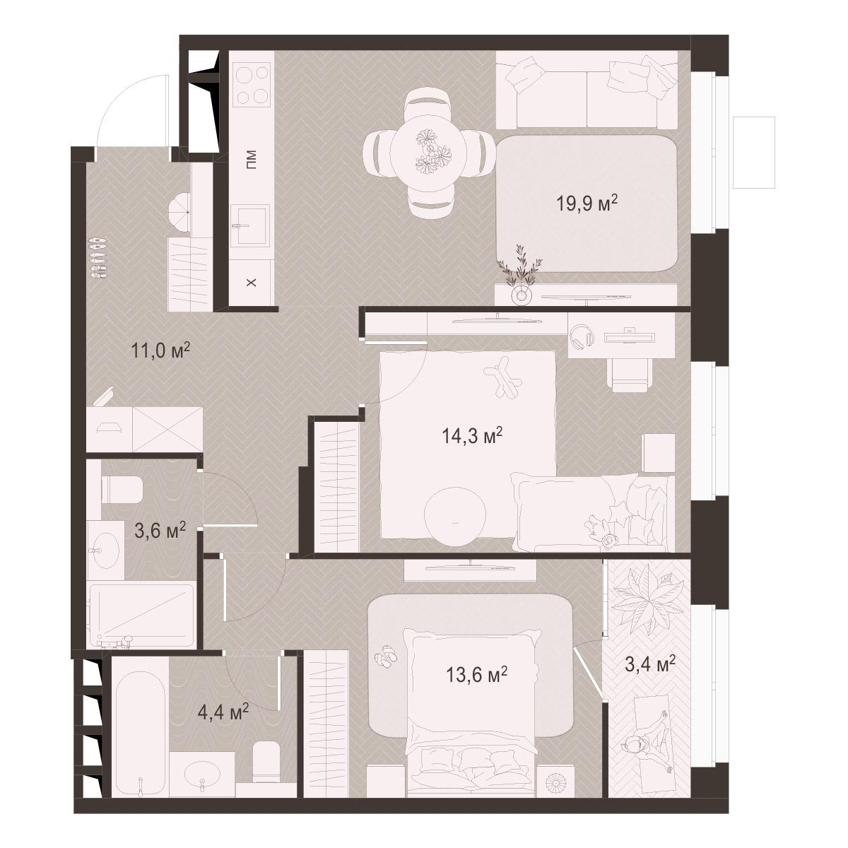 2-комнатная 70 м2 в ЖК Гранд Комфорт-3 корпус null этаж 13