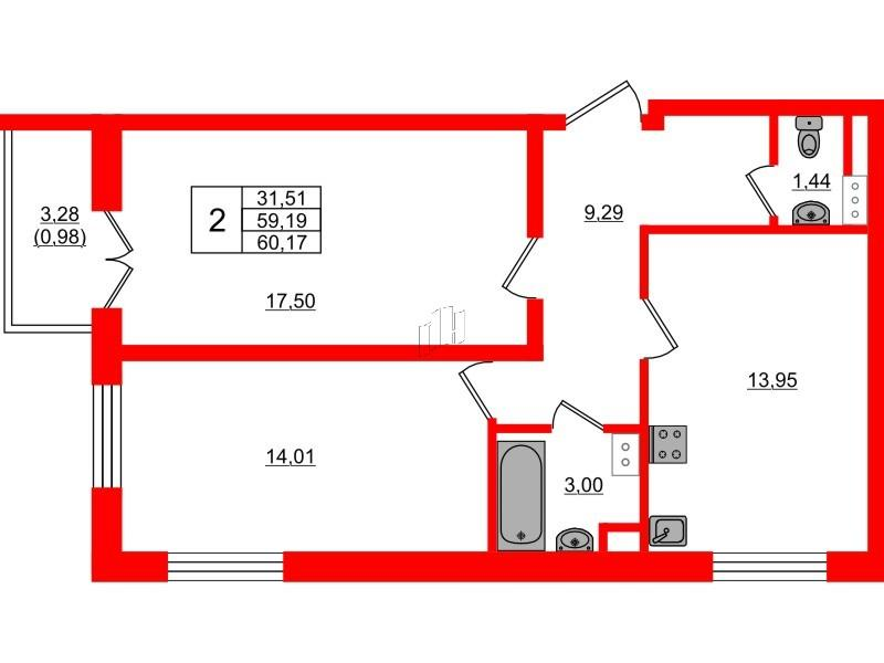 2-комнатная 60 м2 в ЖК Сертолово Парк корпус null этаж 5