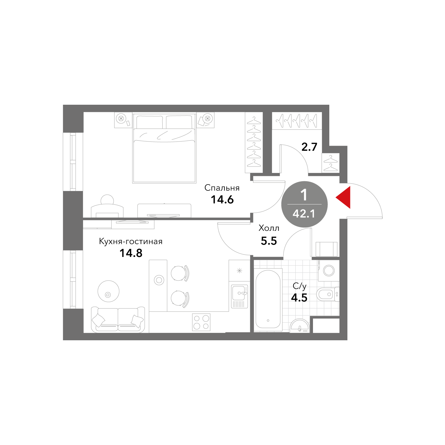 1-комнатная 42 м2 в ЖК Воксхолл корпус null этаж 17