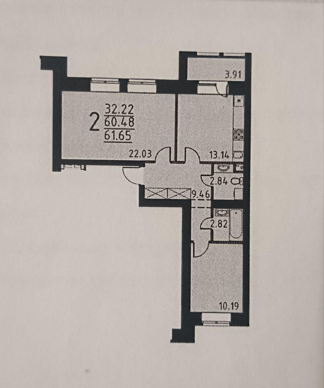 2-комнатная 62 м2 в ЖК undefined корпус null этаж 3