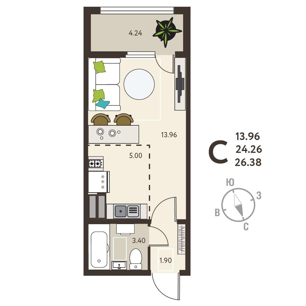 Студия 26.4 м2 в ЖК undefined корпус null этаж 2