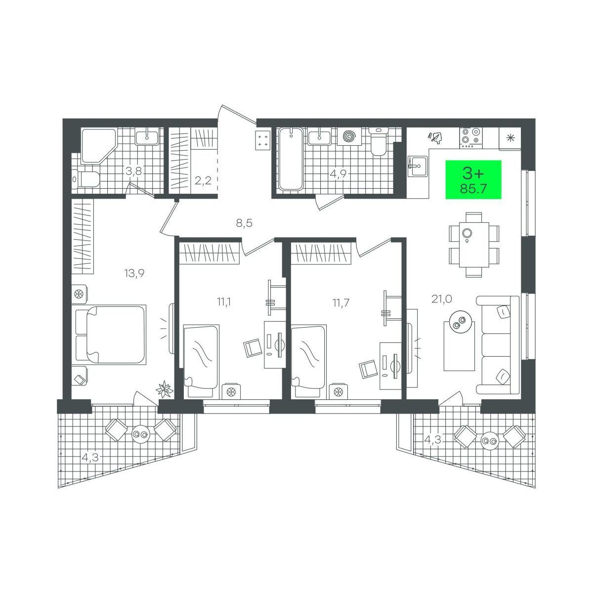 3-комнатная 85 м2 в ЖК Сезоны корпус null этаж 9