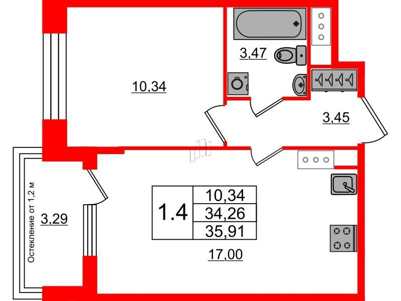 1-комнатная 34 м2 в ЖК Сенат корпус null этаж 4