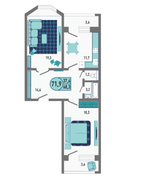 2-комнатная 71.9 м2 в ЖК undefined корпус null этаж 13