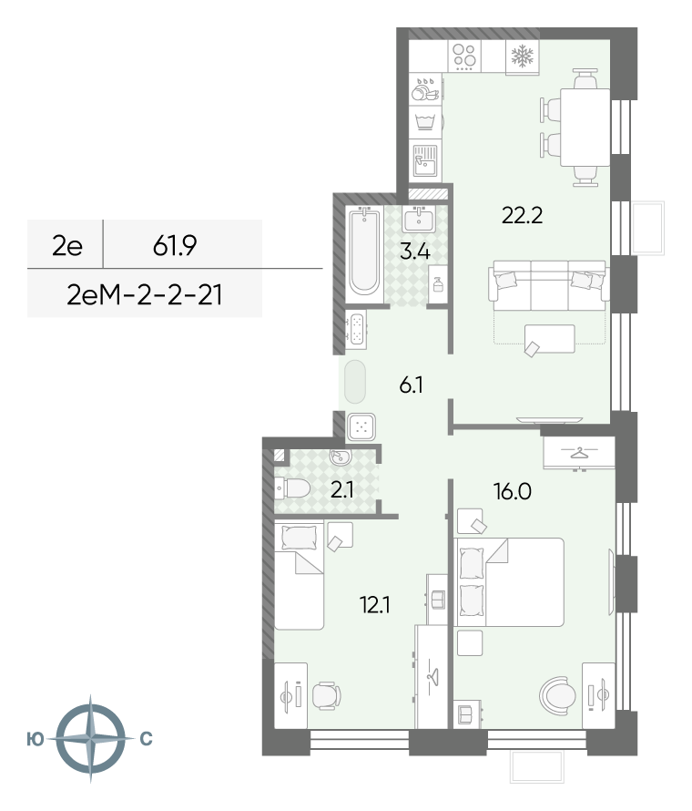2-комнатная 61 м2 в ЖК ЛУЧИ корпус null этаж 13