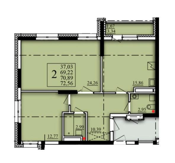 2-комнатная 70 м2 в ЖК Паруса корпус null этаж 7
