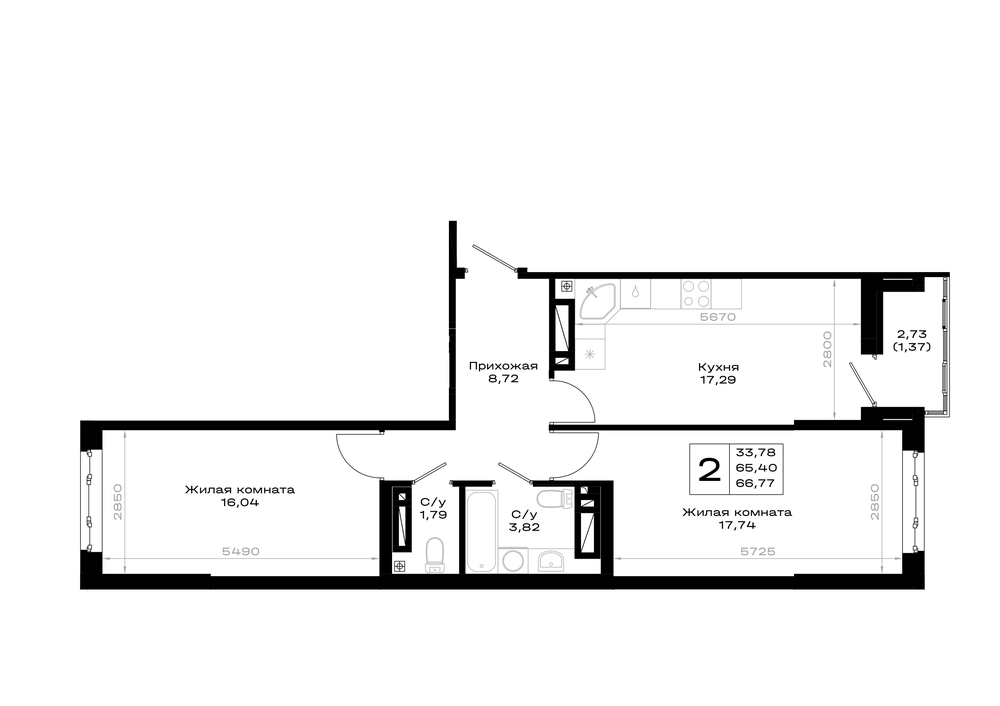 2-комнатная 66 м2 в ЖК Октябрь парк корпус null этаж 13