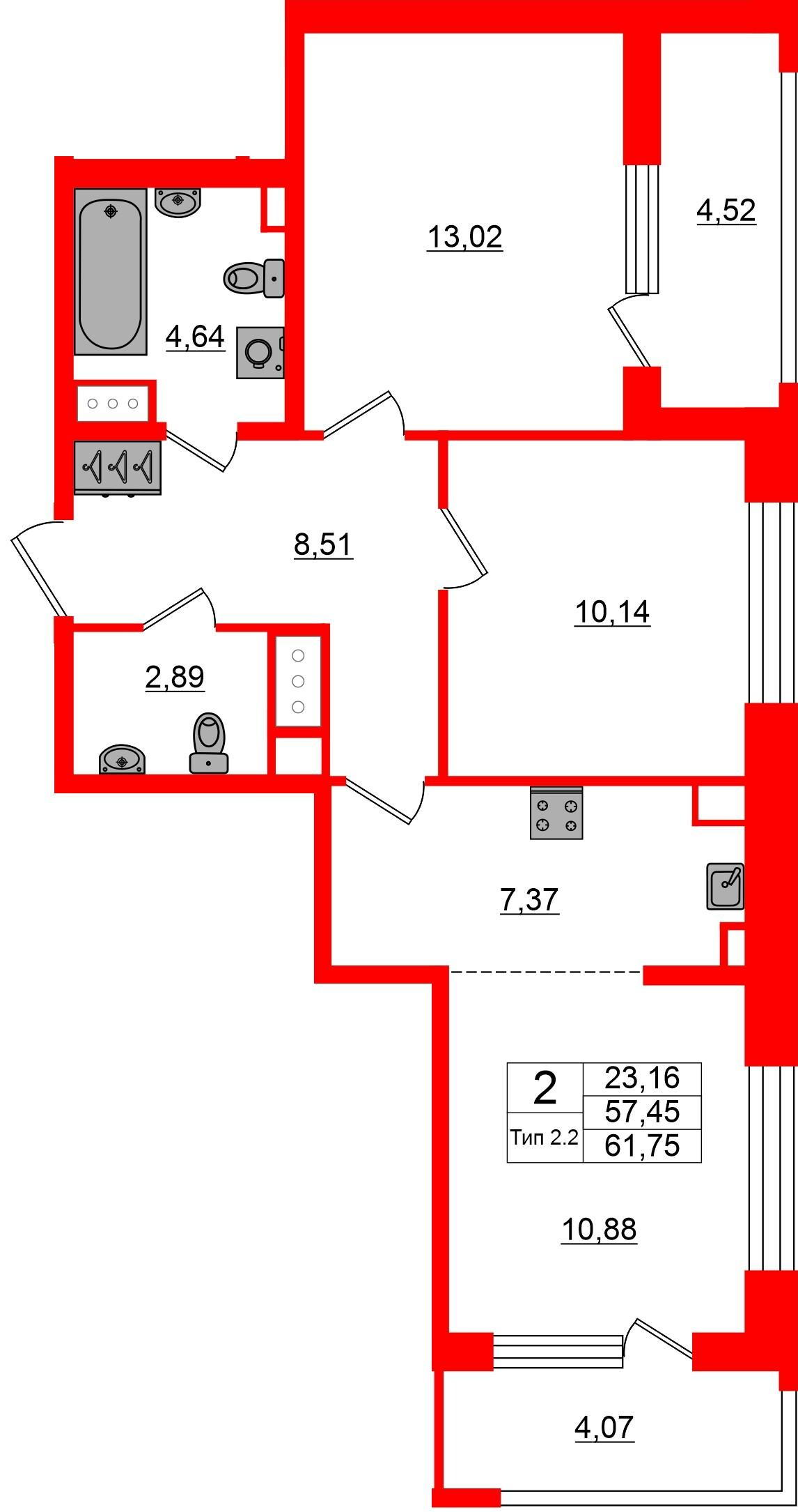 2-комнатная 57 м2 в ЖК Сэтл Ривьера корпус null этаж 9