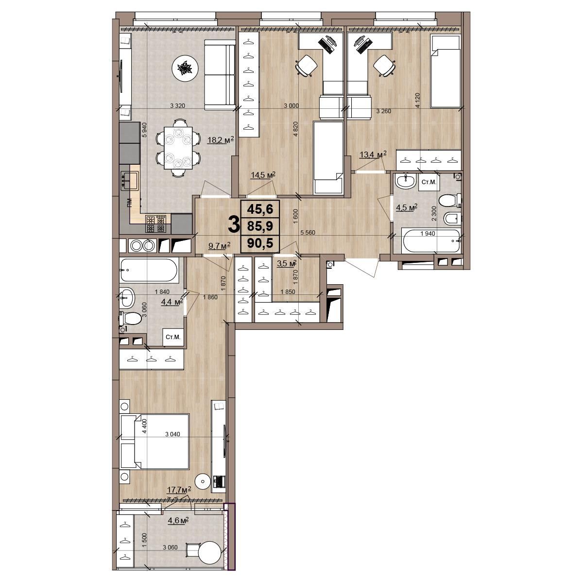 3-комнатная 90 м2 в ЖК Окская стрелка корпус null этаж 2
