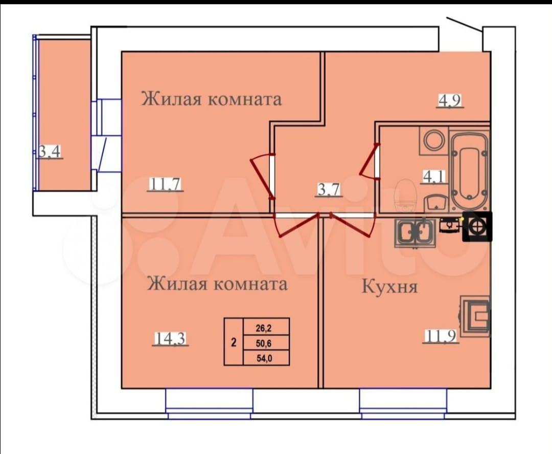2-комнатная 51 м2 в ЖК undefined корпус null этаж 6