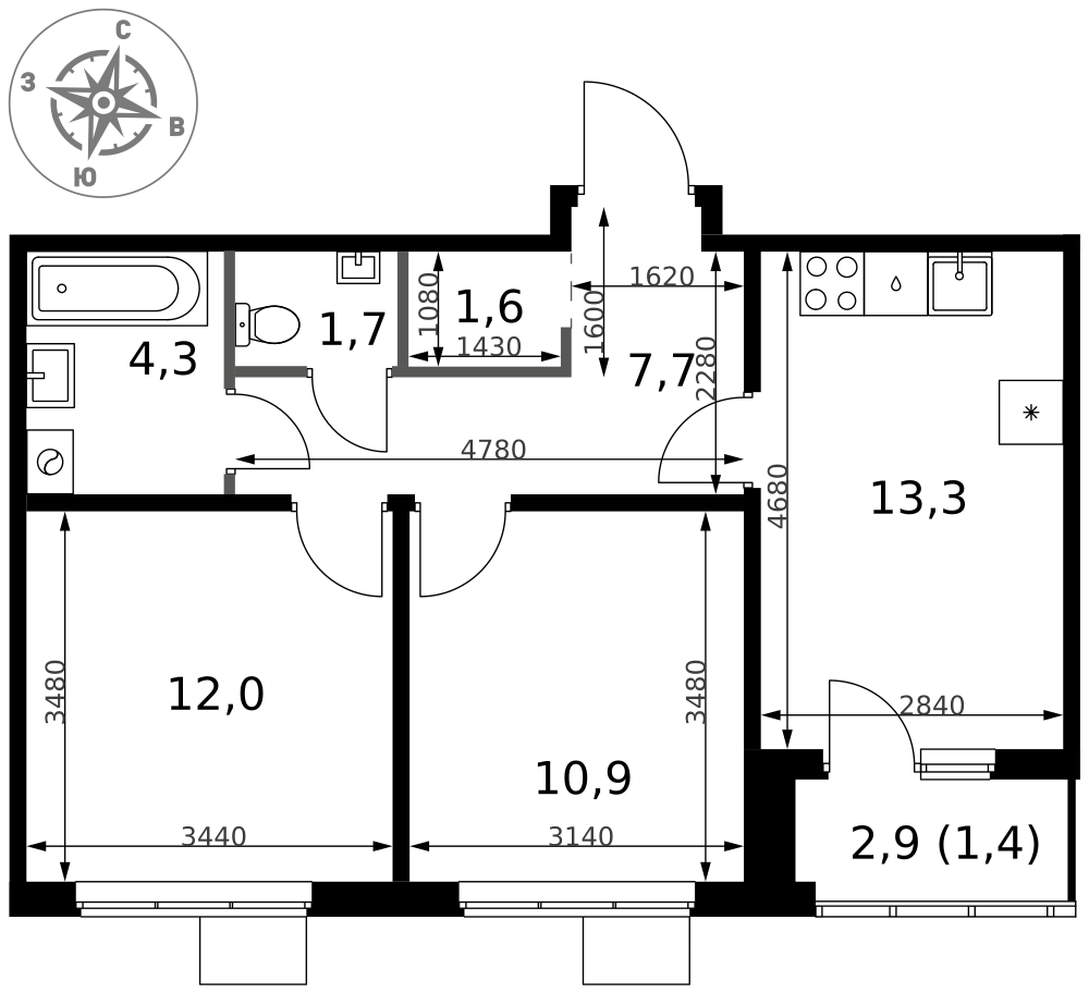 2-комнатная 52 м2 в ЖК 1-й Ясеневский корпус null этаж 5