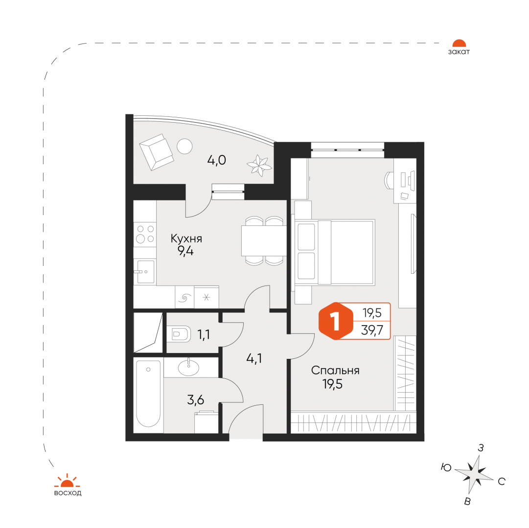 1-комнатная 39.3 м2 в ЖК undefined корпус null этаж 9