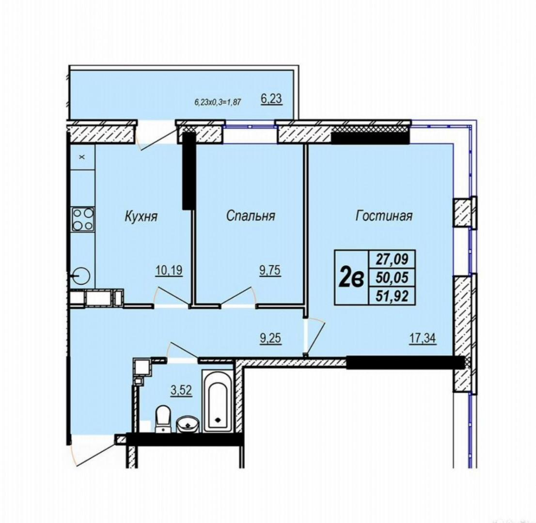 2-комнатная 50 м2 в ЖК undefined корпус null этаж 22