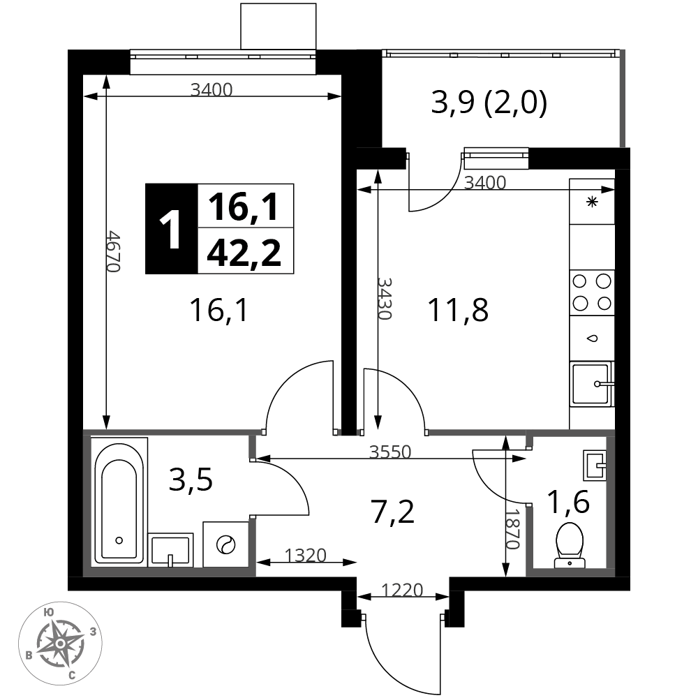 1-комнатная 42 м2 в ЖК 1-й Южный корпус null этаж 15