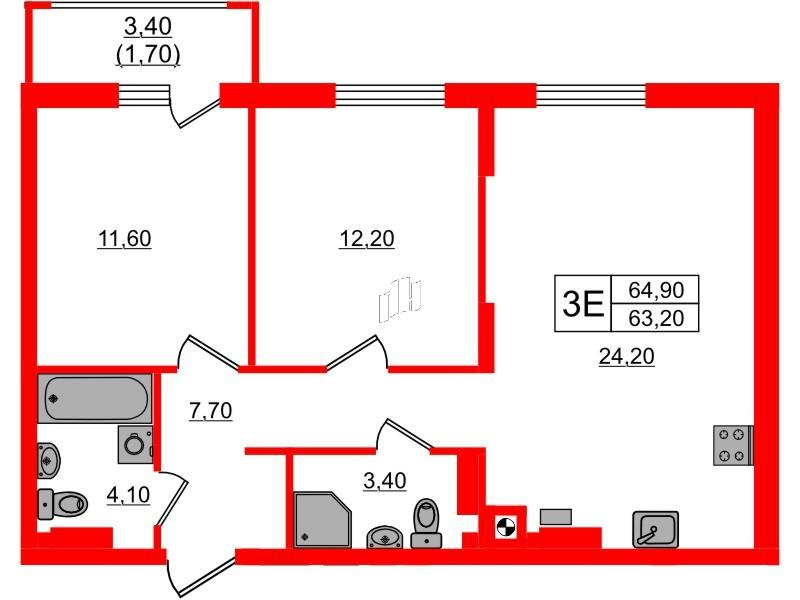 2-комнатная 64 м2 в ЖК River Park-2 корпус null этаж 2