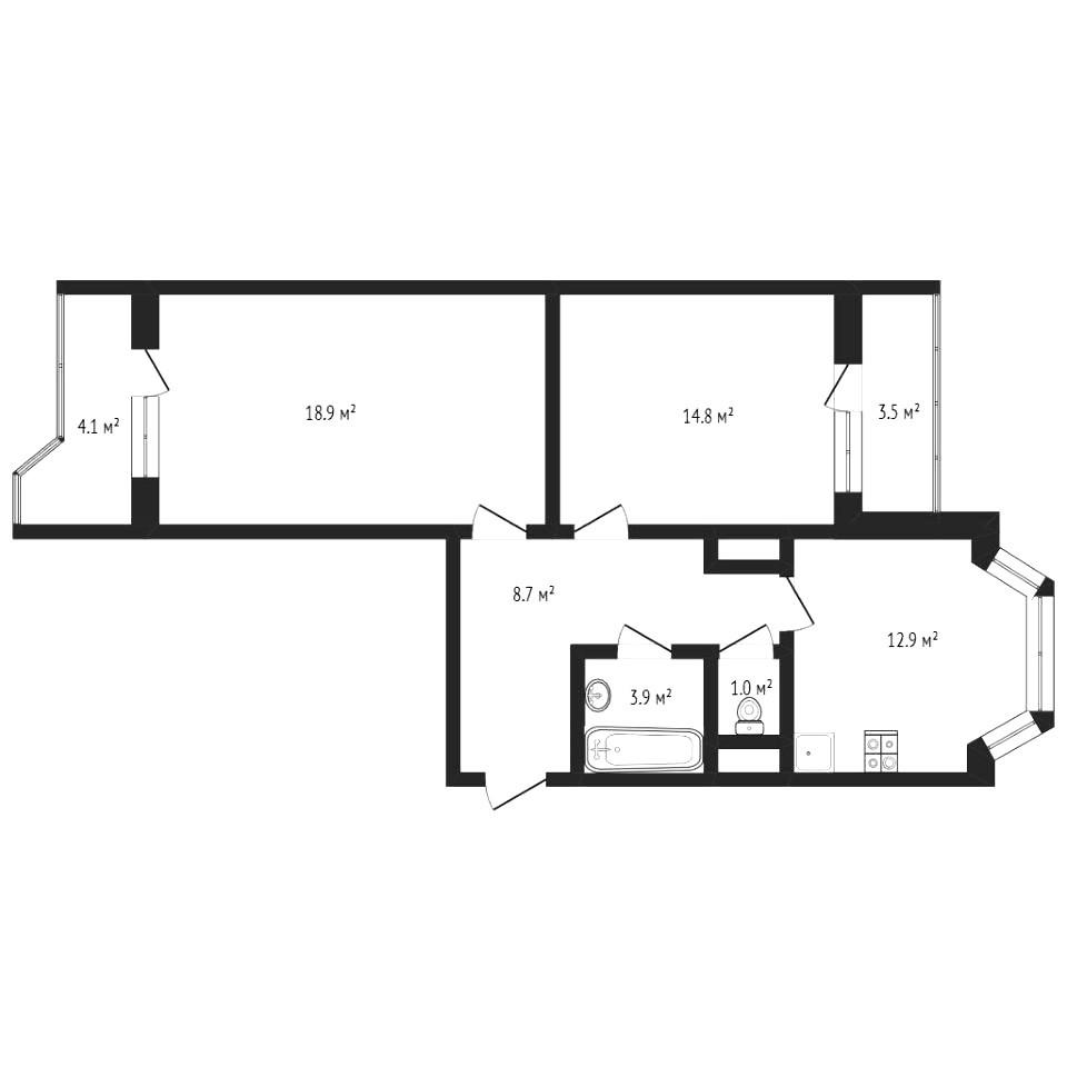 2-комнатная 60 м2 в ЖК undefined корпус null этаж 15