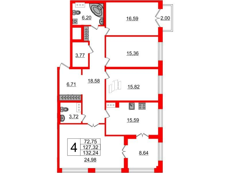 4-комнатная 127 м2 в ЖК Петровский квартал на воде корпус null этаж 3