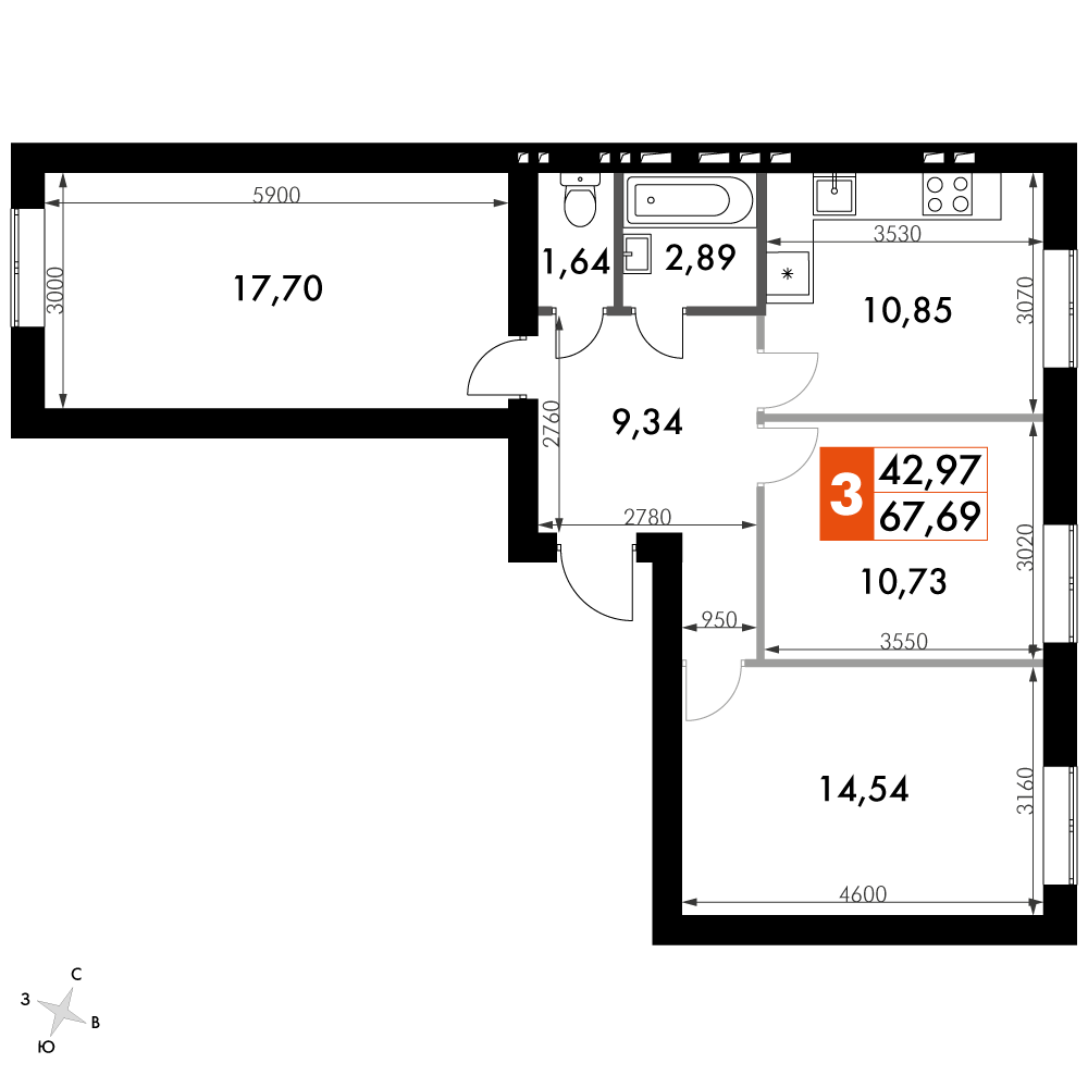 3-комнатная 67 м2 в ЖК Парк Апрель корпус null этаж 3