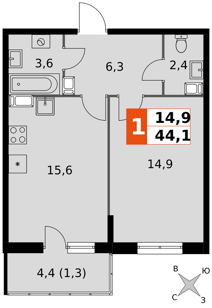 1-комнатная 44 м2 в ЖК Олимп (Обнинск) корпус null этаж 14