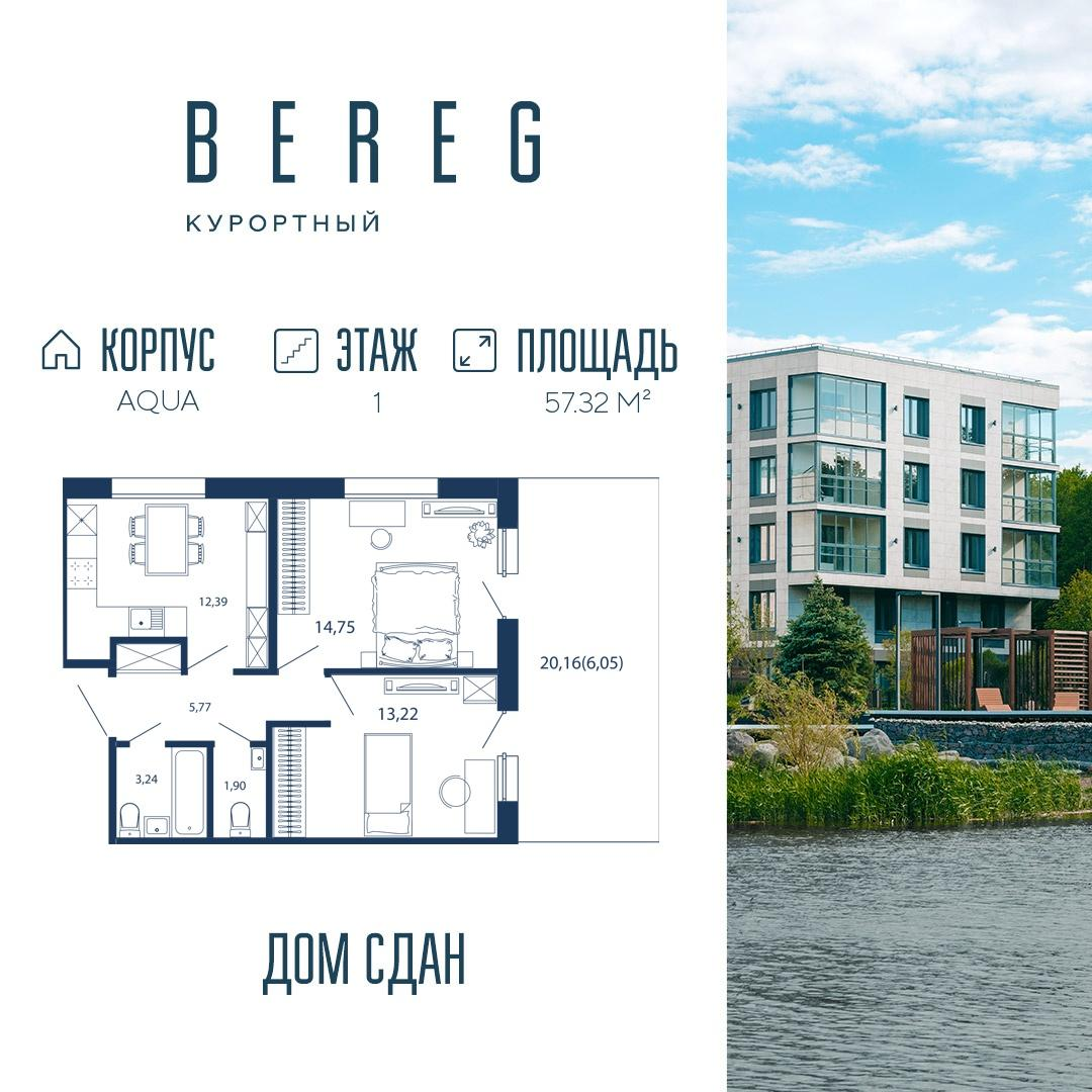2-комнатная 57 м2 в ЖК Bereg. Курортный корпус null этаж 1