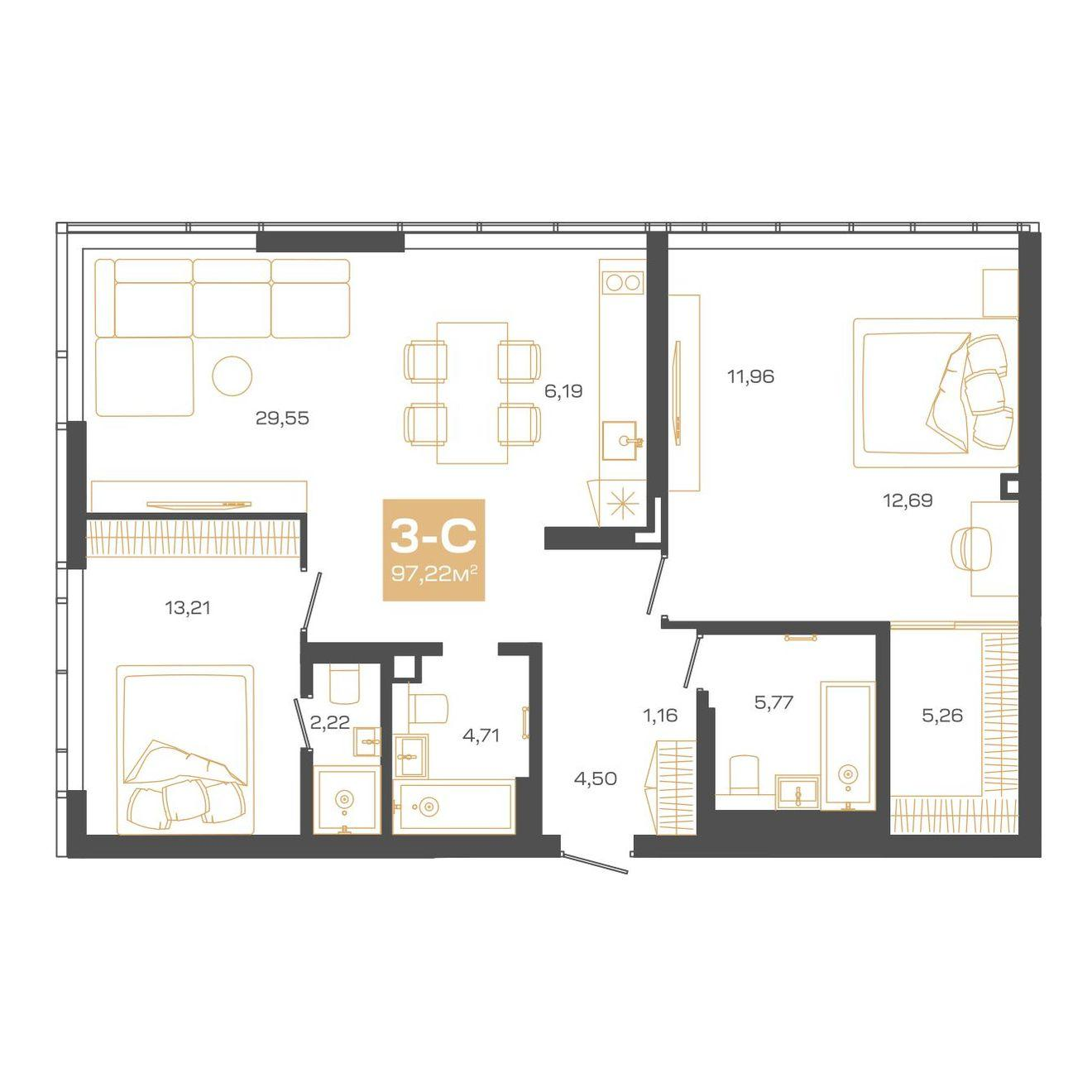3-комнатная 97 м2 в ЖК Пульсар корпус null этаж 24