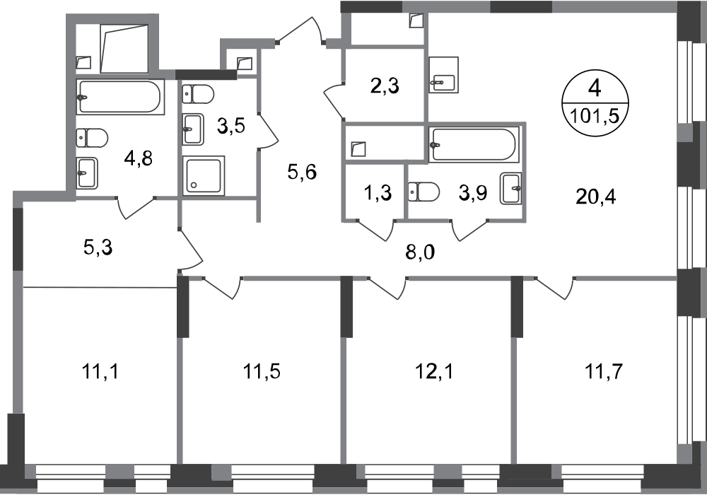 4-комнатная 101 м2 в ЖК Первый Московский корпус null этаж 18