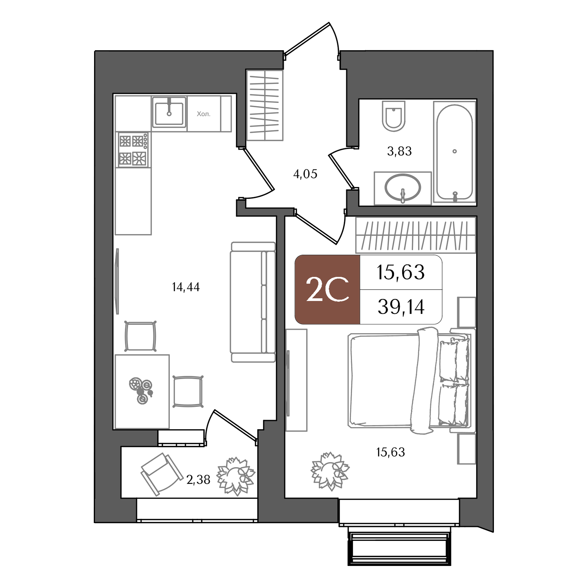 2-комнатная 39 м2 в ЖК Холмогоры корпус null этаж 8