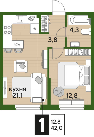 1-комнатная 41 м2 в ЖК Догма Парк корпус null этаж 2