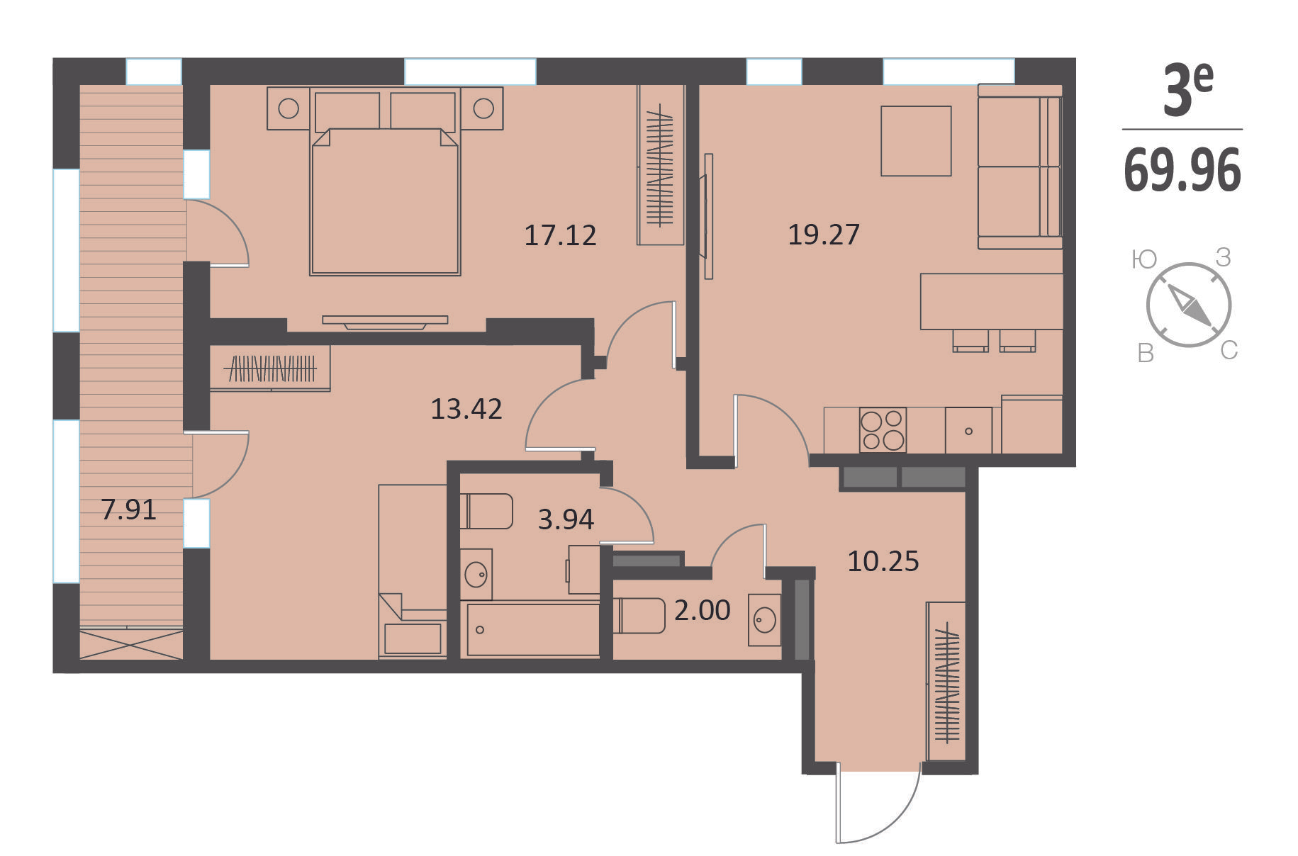 2-комнатная 69 м2 в ЖК Инстеп.Хуторская корпус null этаж 13