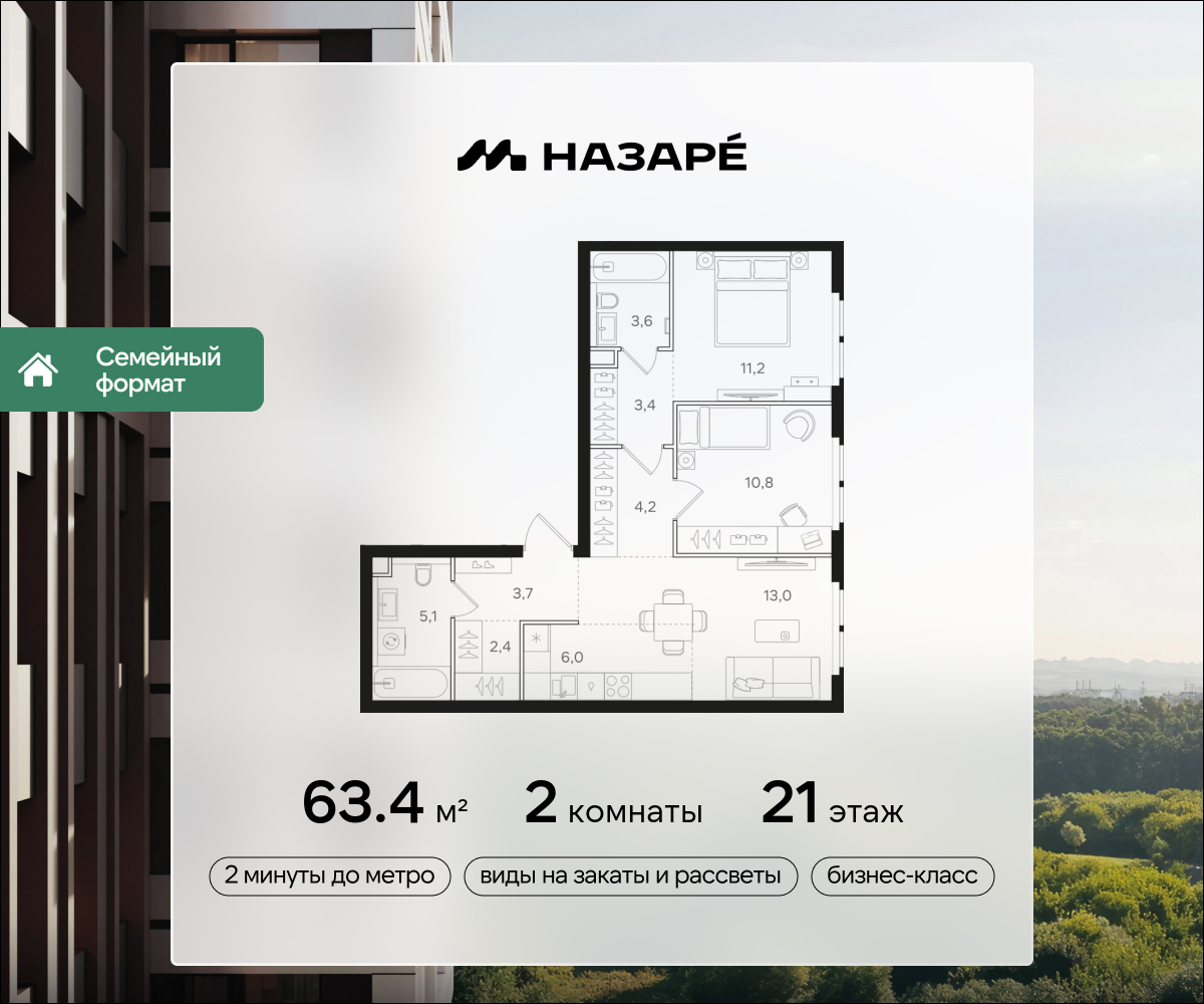 2-комнатная 63 м2 в ЖК НАЗАРÉ корпус null этаж 21
