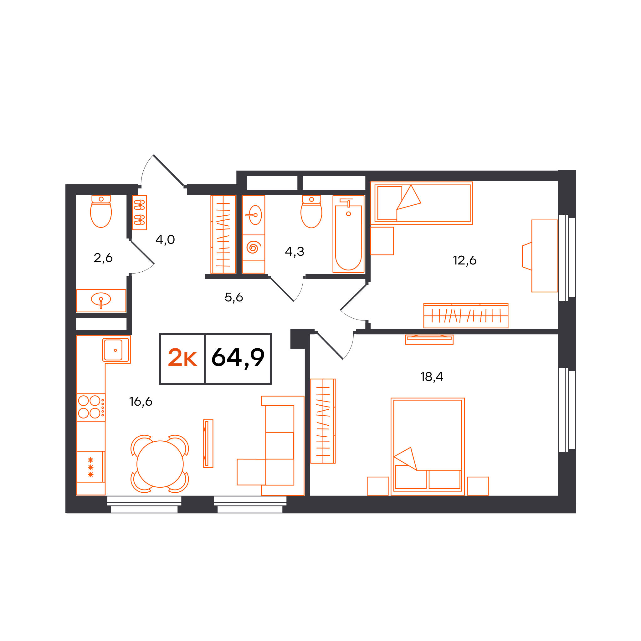 2-комнатная 64 м2 в ЖК Отличие корпус null этаж 2