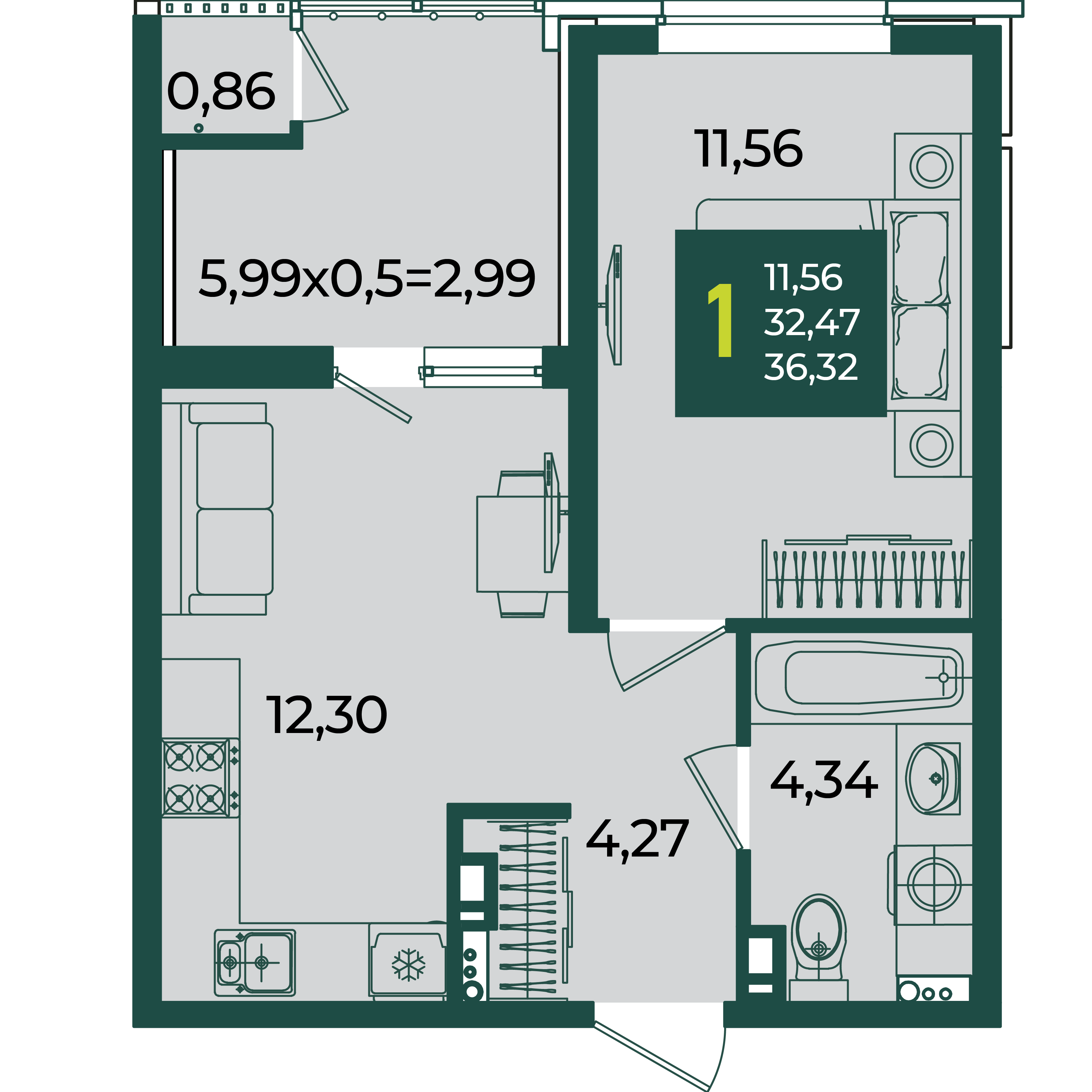 1-комнатная 36 м2 в ЖК Образцово корпус null этаж 4