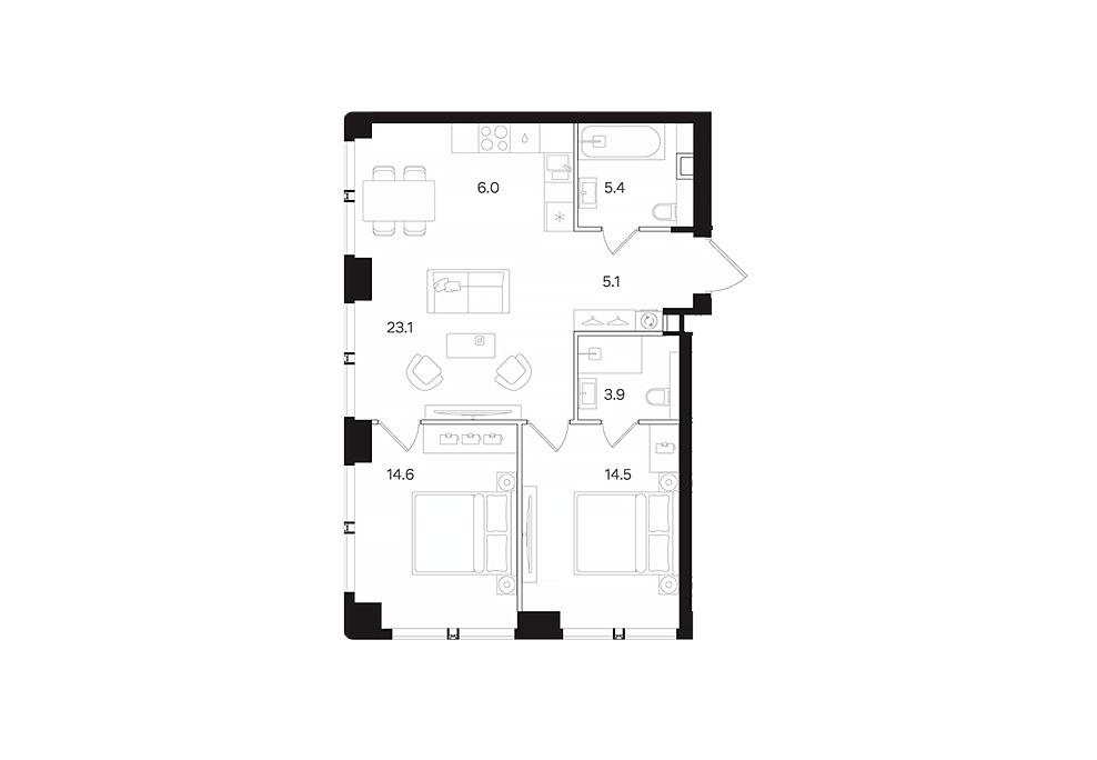 3-комнатная 72.6 м2 в ЖК undefined корпус null этаж 14