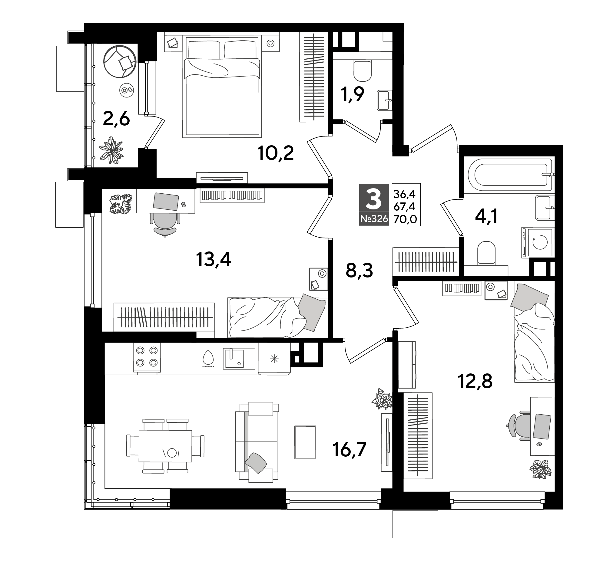 3-комнатная 70 м2 в ЖК Dogma Park корпус null этаж 9