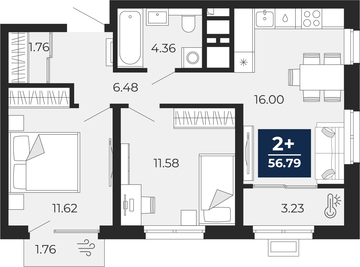 2-комнатная 55 м2 в ЖК Беринг корпус null этаж 16