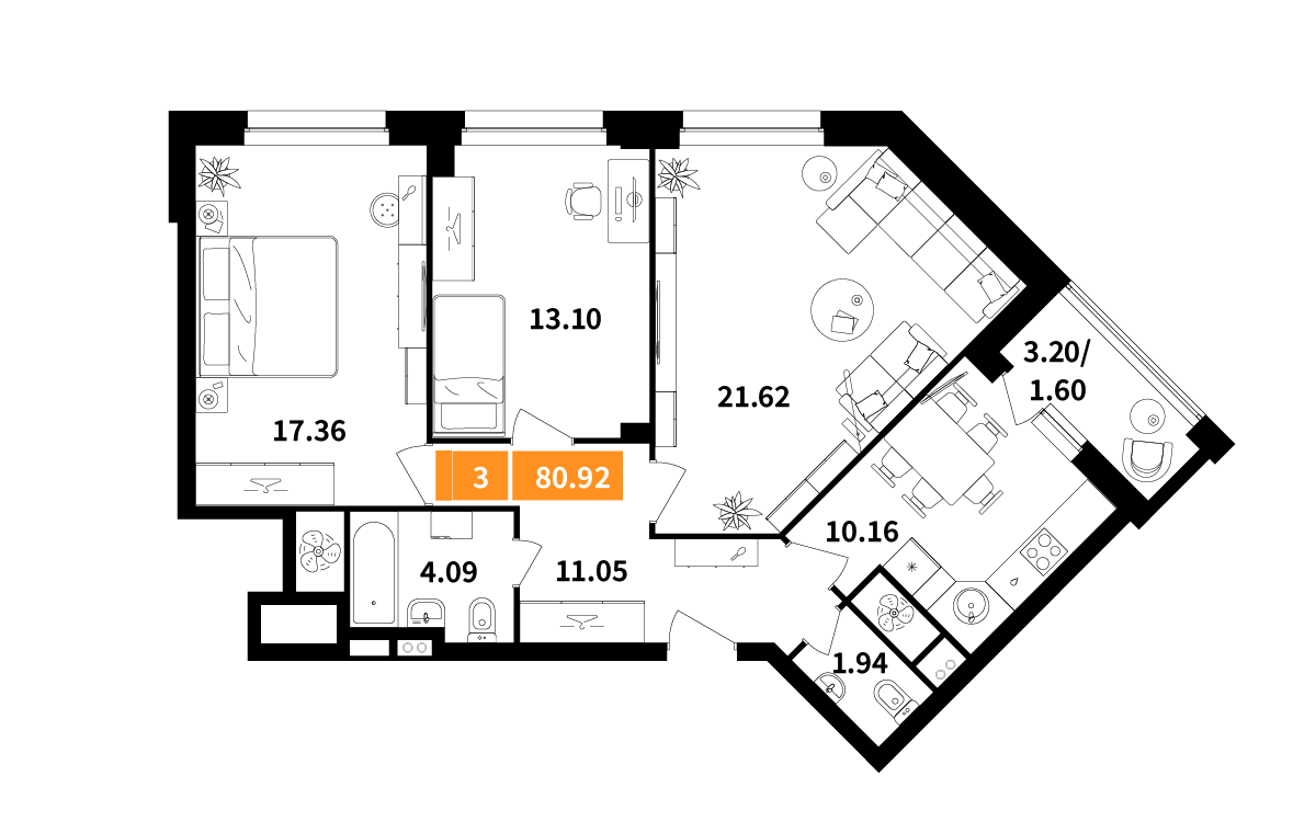 3-комнатная 80 м2 в ЖК Планерный квартал корпус null этаж 13