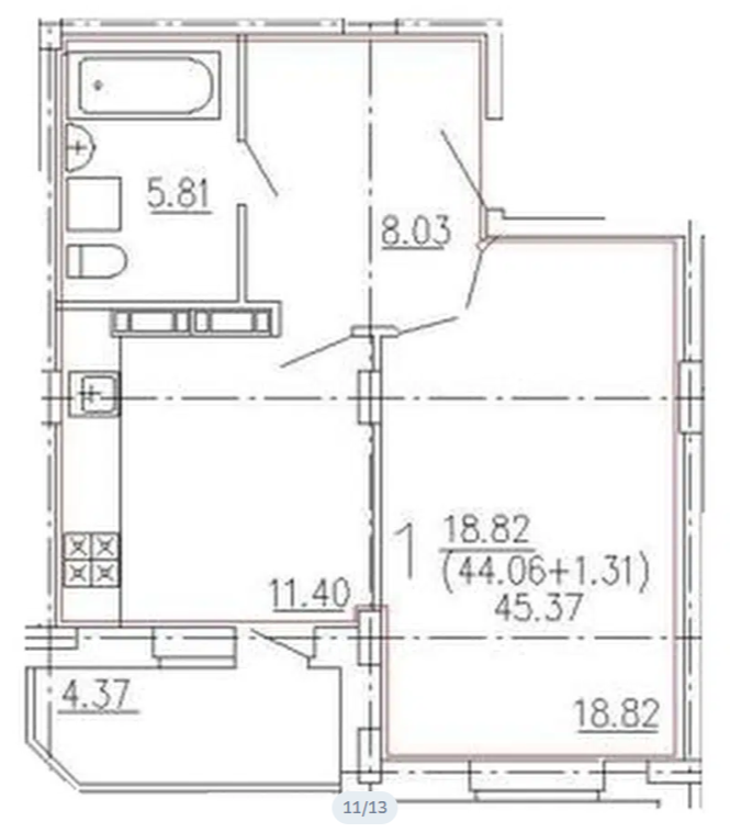 1-комнатная 44.1 м2 в ЖК undefined корпус null этаж 7