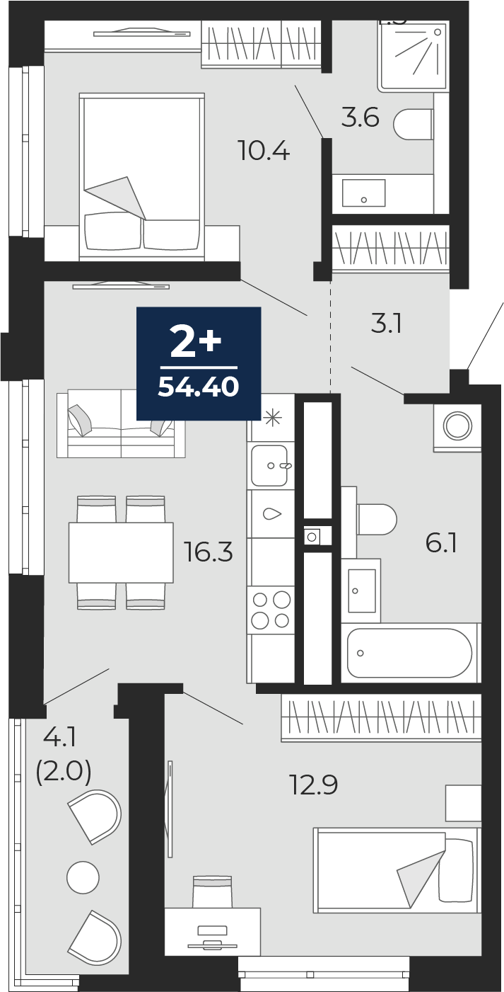 2-комнатная 52 м2 в ЖК Мириады корпус null этаж 10