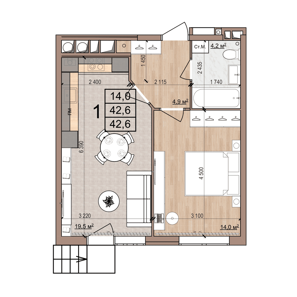 1-комнатная 42 м2 в ЖК Skyline-2 корпус null этаж 4