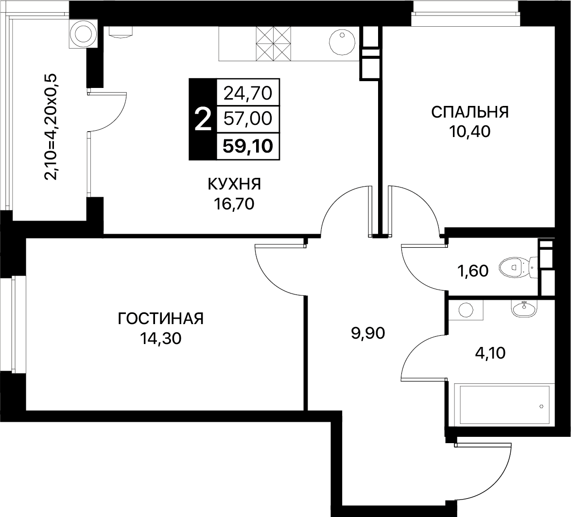 2-комнатная 59 м2 в ЖК SmartPolet корпус null этаж 9