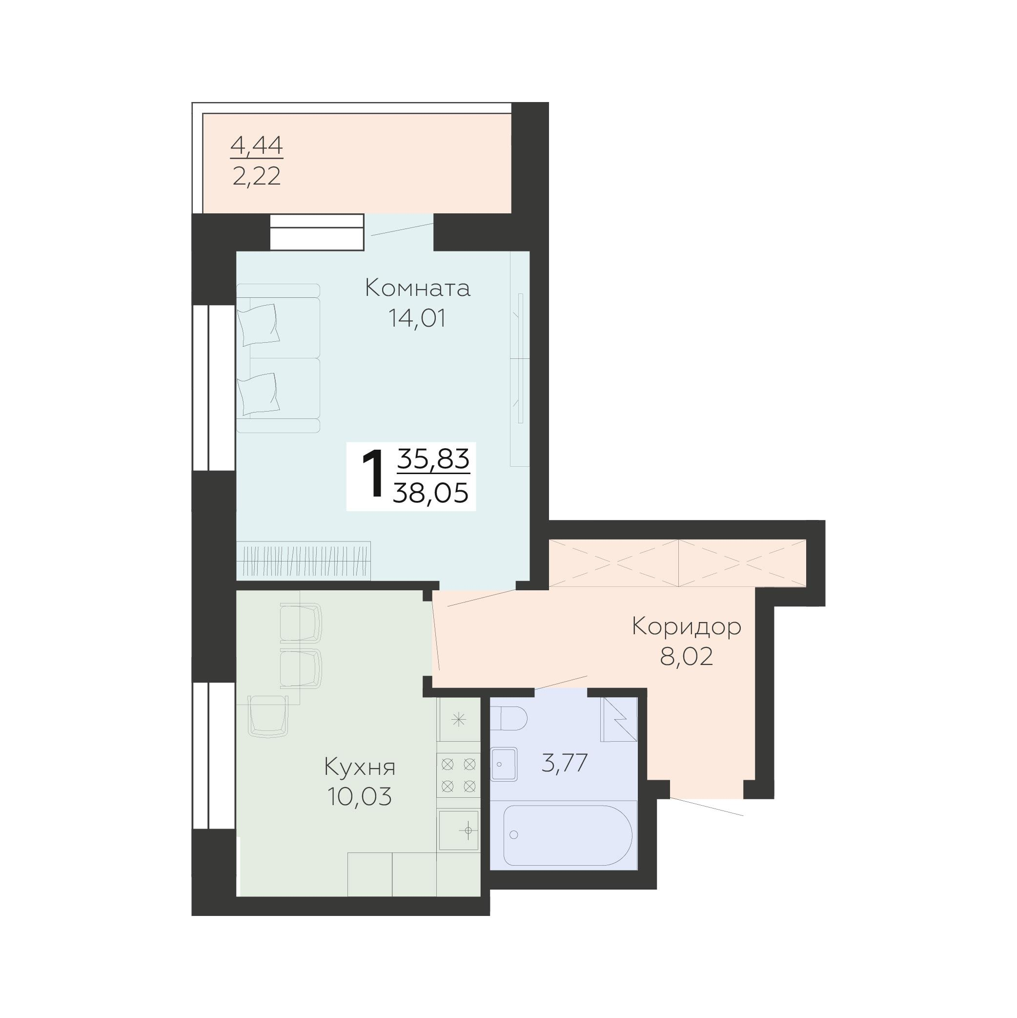 1-комнатная 38 м2 в ЖК Зарядье корпус null этаж 6