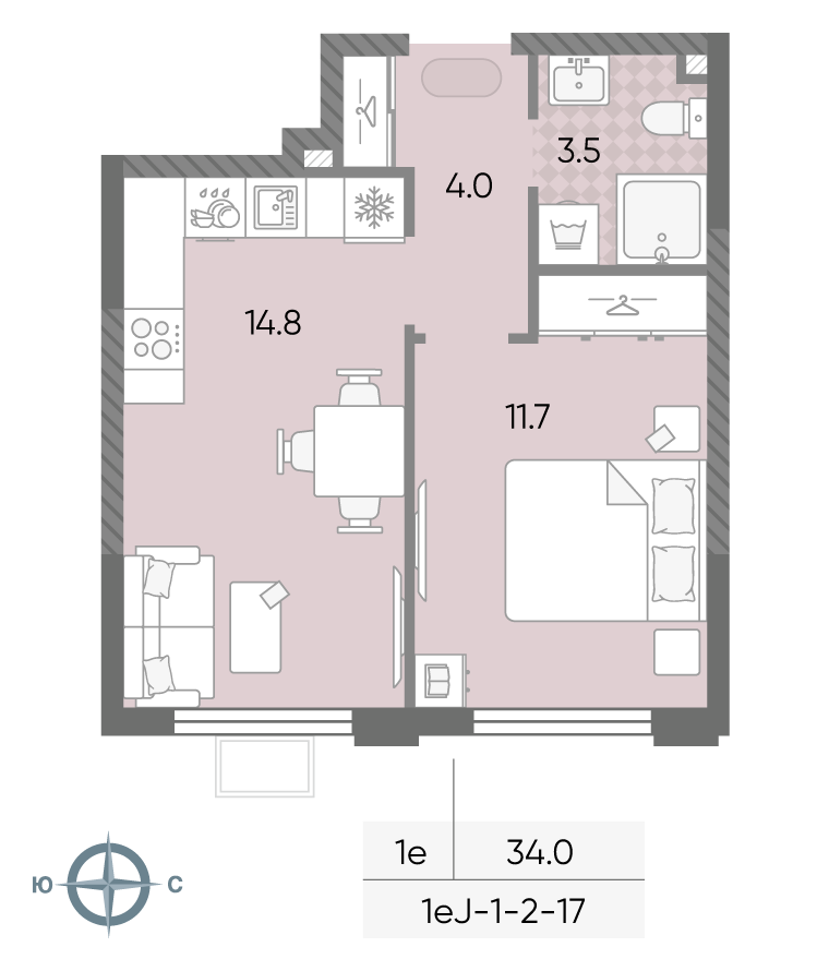 1-комнатная 34 м2 в ЖК ЛУЧИ корпус null этаж 14