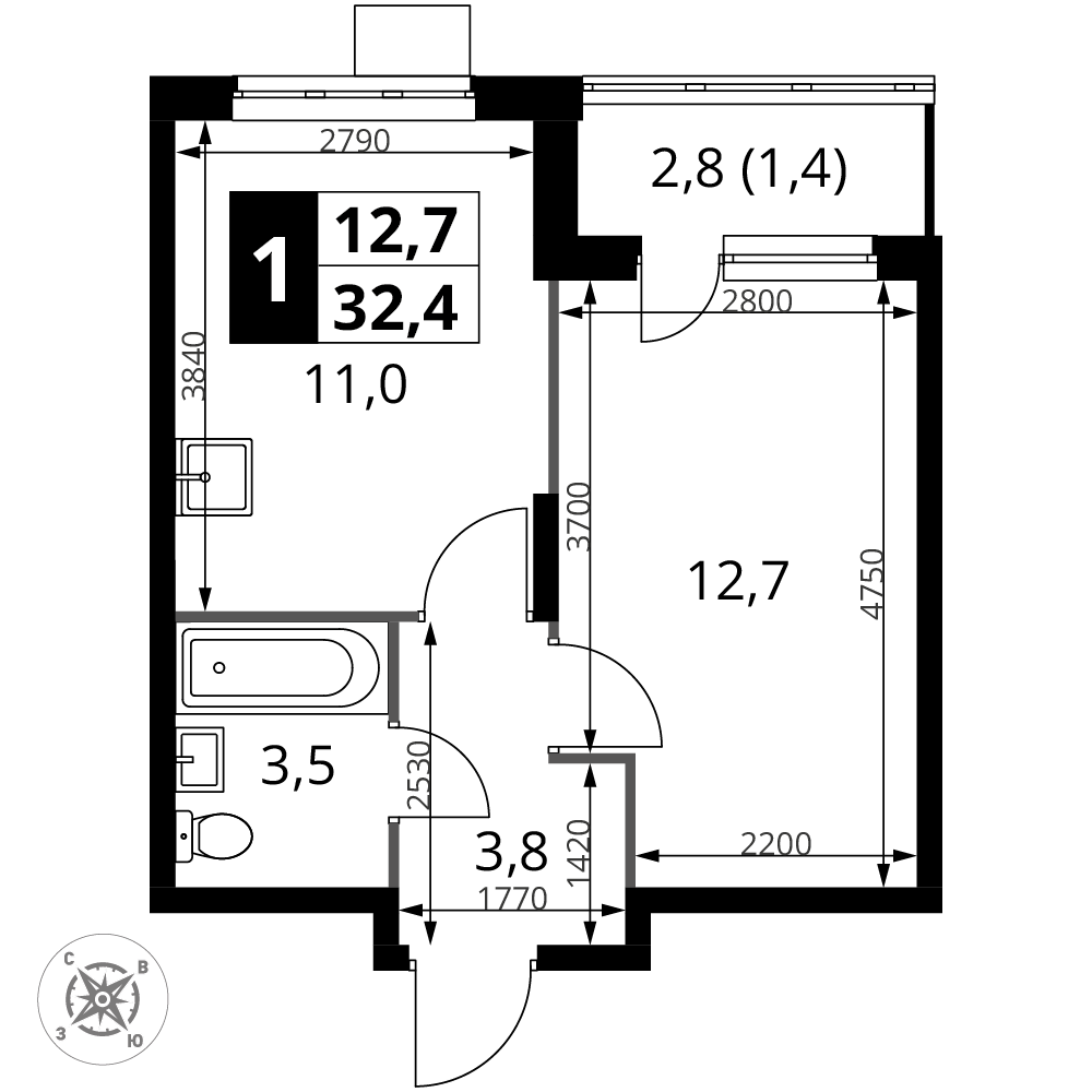 1-комнатная 32 м2 в ЖК 1-й Донской корпус null этаж 2