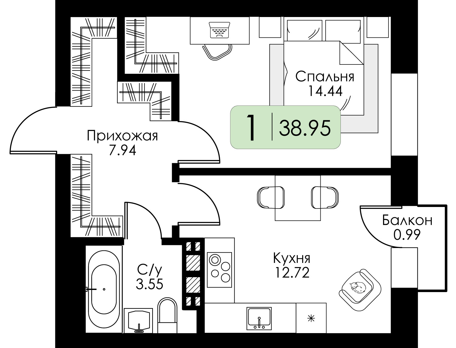 1-комнатная 38 м2 в ЖК Урбан Парк корпус null этаж 4
