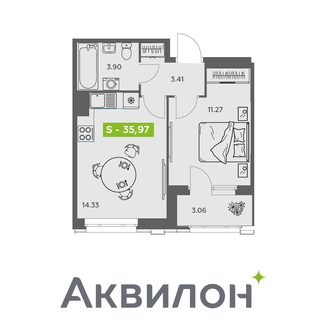 Студия 35 м2 в ЖК Аквилон АКВАРТАЛ корпус null этаж 3