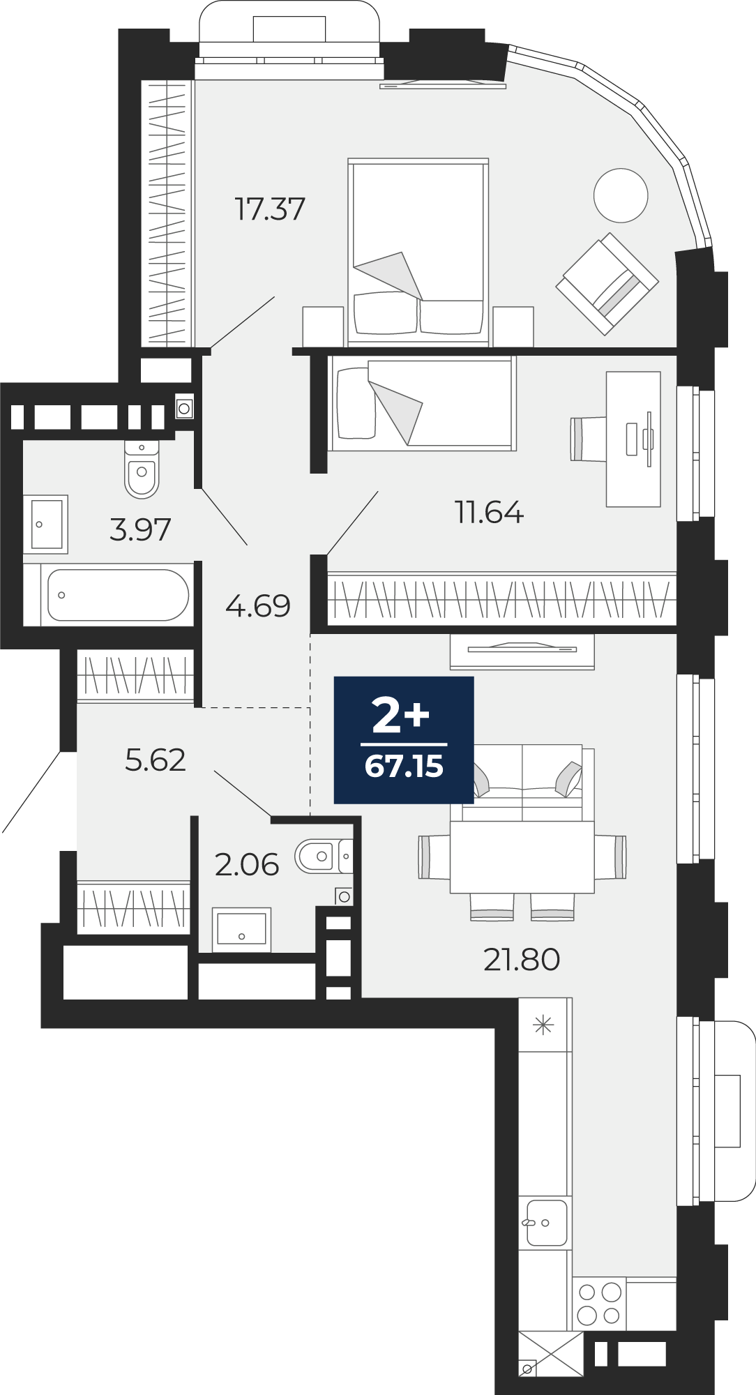 2-комнатная 67 м2 в ЖК Айвазовский корпус null этаж 5